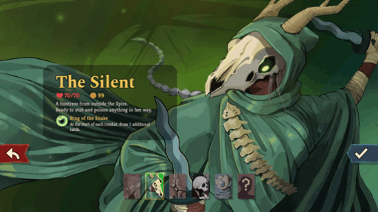 Персонажи Slay the Spire 2: женщина в зелёном плаще и маске из черепа.