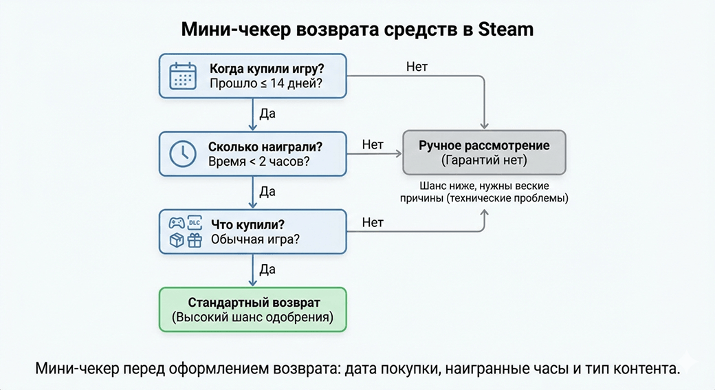 Блок-схема с проверкой условий возврата игры в Steam по датам и наигранному времени