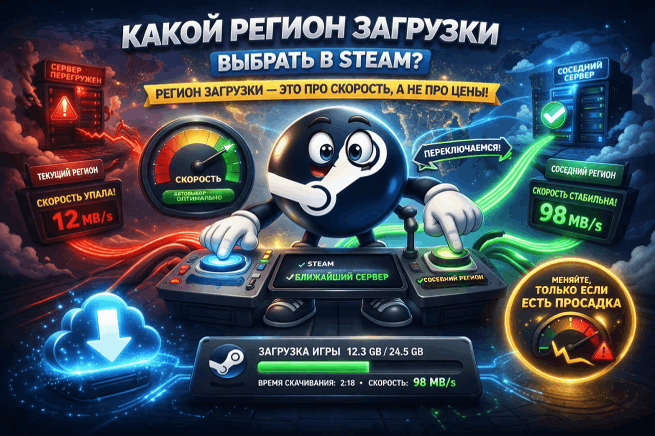 Выбор региона загрузки в настройках Steam