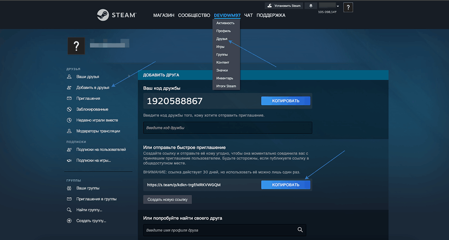 Интерфейс Steam добавления в друзья
